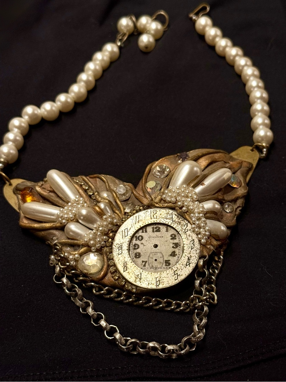 OOAK Vintage Assemblage Statement Necklace | Faux Pearls Watch Face Wearable Art